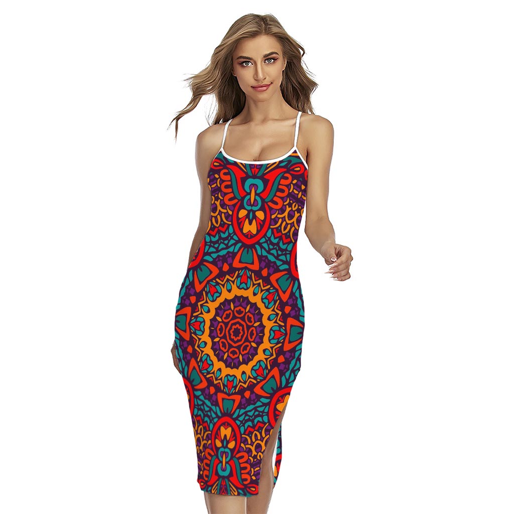 Bohemian Native Mandala Pattern Print Cross Back Cami Dress