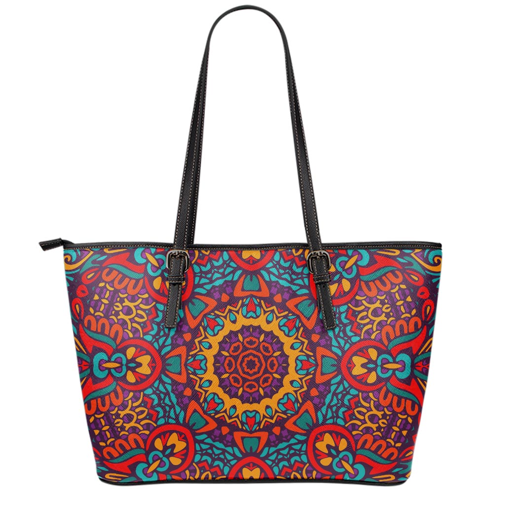 Bohemian Native Mandala Pattern Print Leather Tote Bag