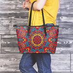 Bohemian Native Mandala Pattern Print Leather Tote Bag