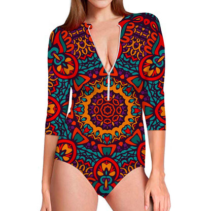 Bohemian Native Mandala Pattern Print Long Sleeve Swimsuit