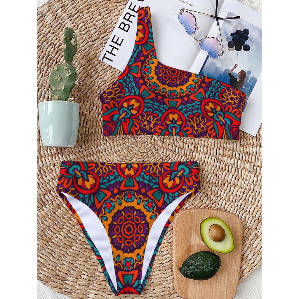Bohemian Native Mandala Pattern Print One Shoulder Bikini Top