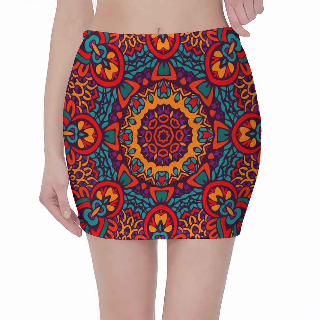 Bohemian Native Mandala Pattern Print Pencil Mini Skirt