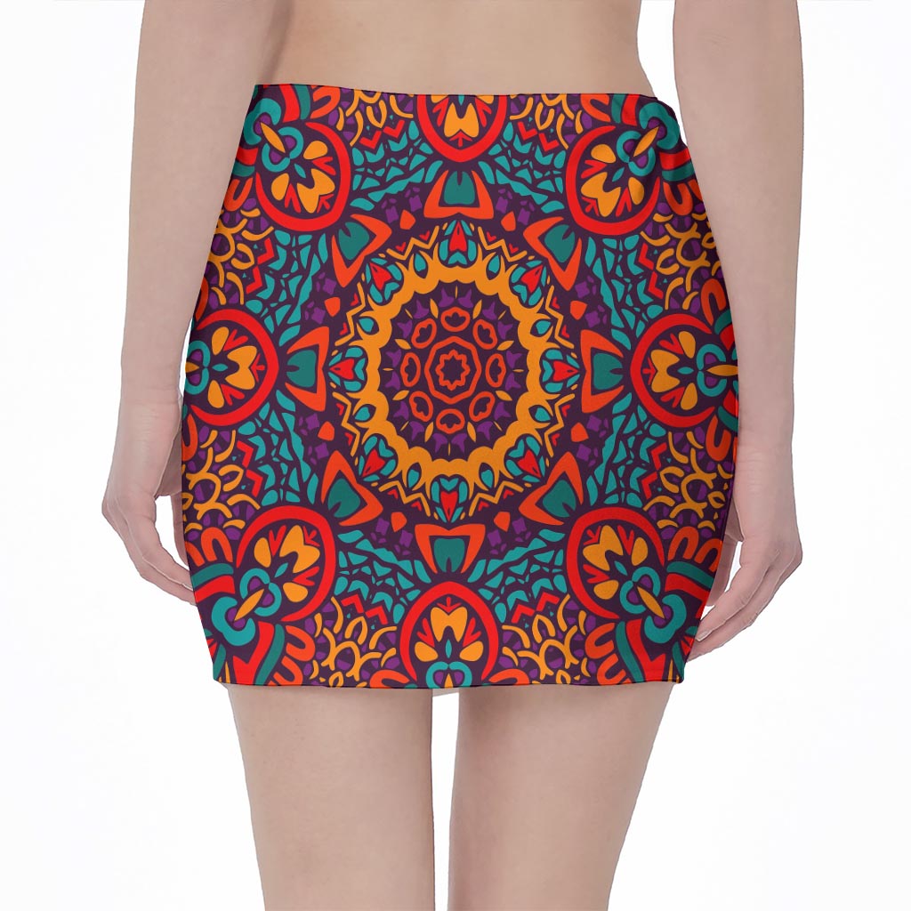 Bohemian Native Mandala Pattern Print Pencil Mini Skirt