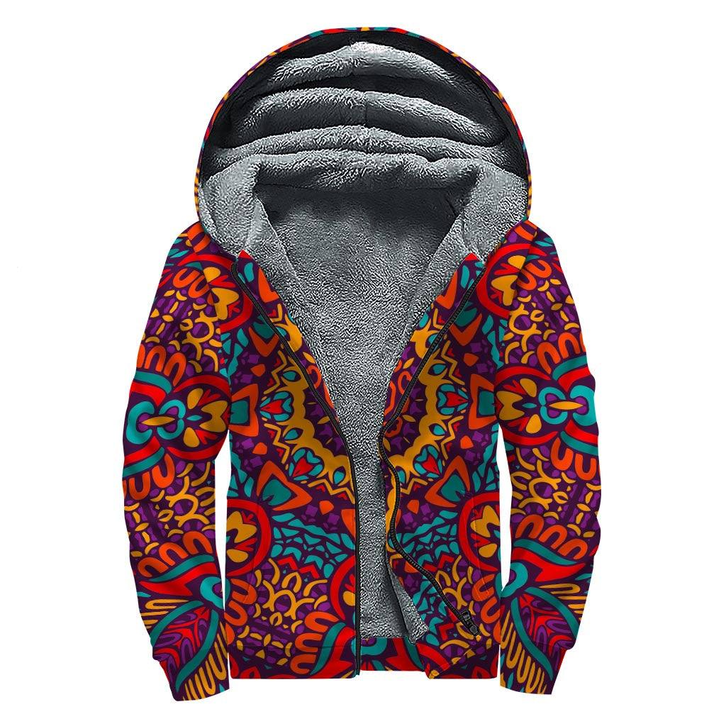 Bohemian Native Mandala Pattern Print Sherpa Lined Zip Up Hoodie