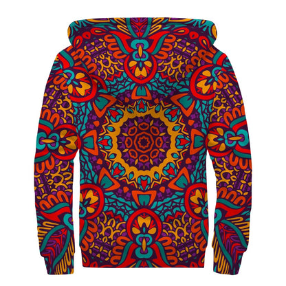 Bohemian Native Mandala Pattern Print Sherpa Lined Zip Up Hoodie
