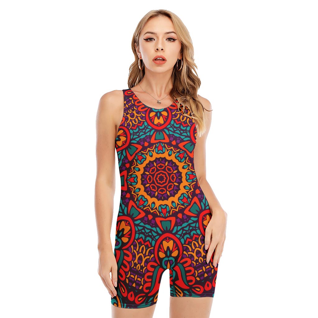 Bohemian Native Mandala Pattern Print Sleeveless One Piece Swimsuit