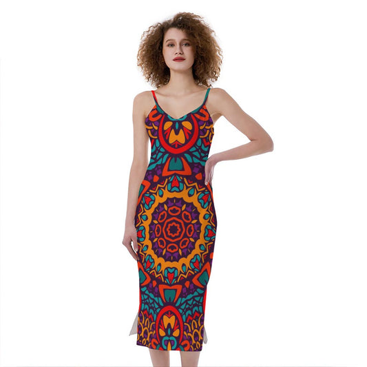 Bohemian Native Mandala Pattern Print Slim Fit Midi Cami Dress