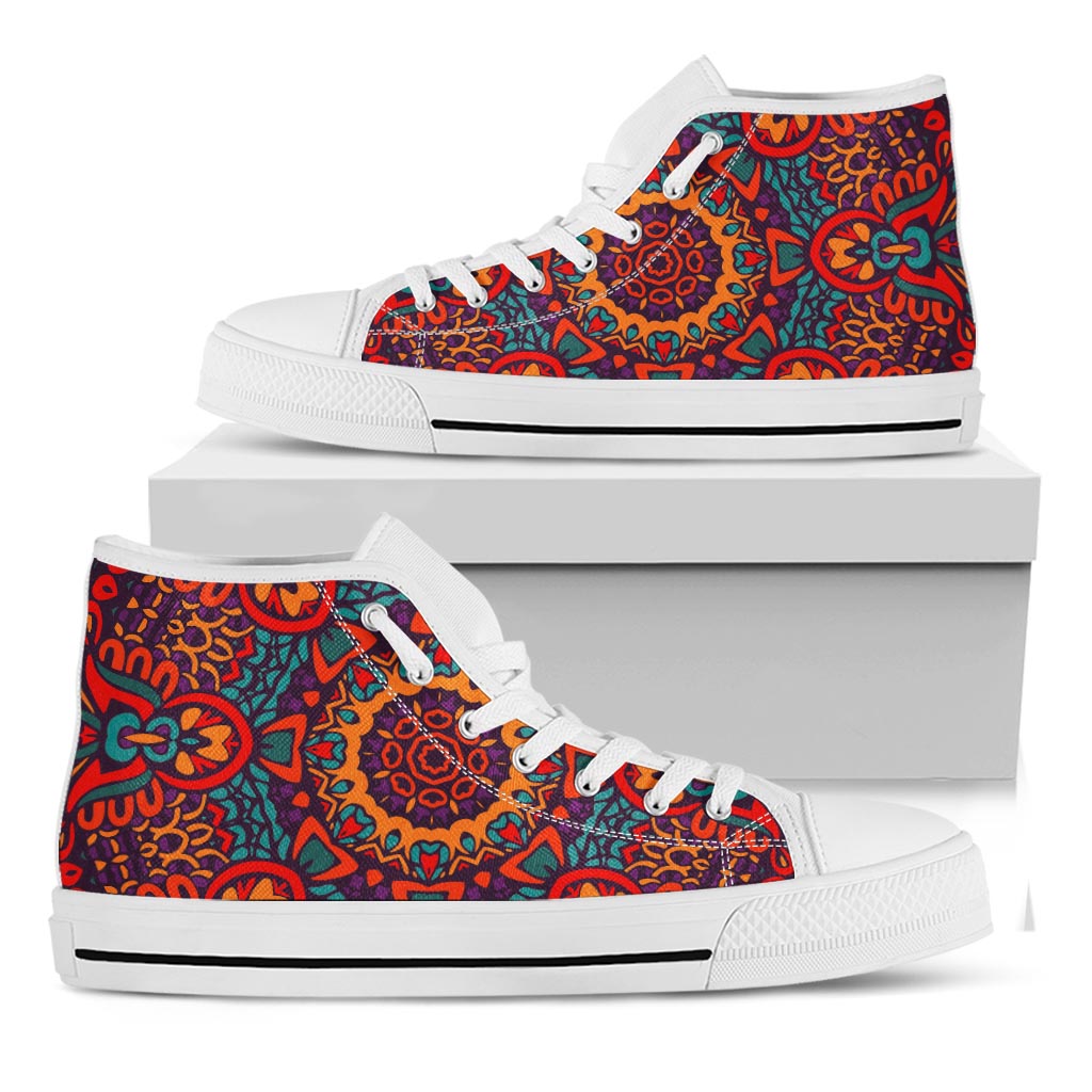 Bohemian Native Mandala Pattern Print White High Top Sneakers