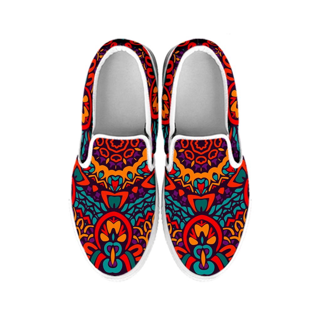 Bohemian Native Mandala Pattern Print White Slip On Sneakers