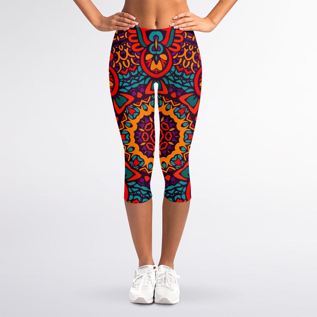 Bohemian Native Mandala Pattern Print Women's Capri Leggings