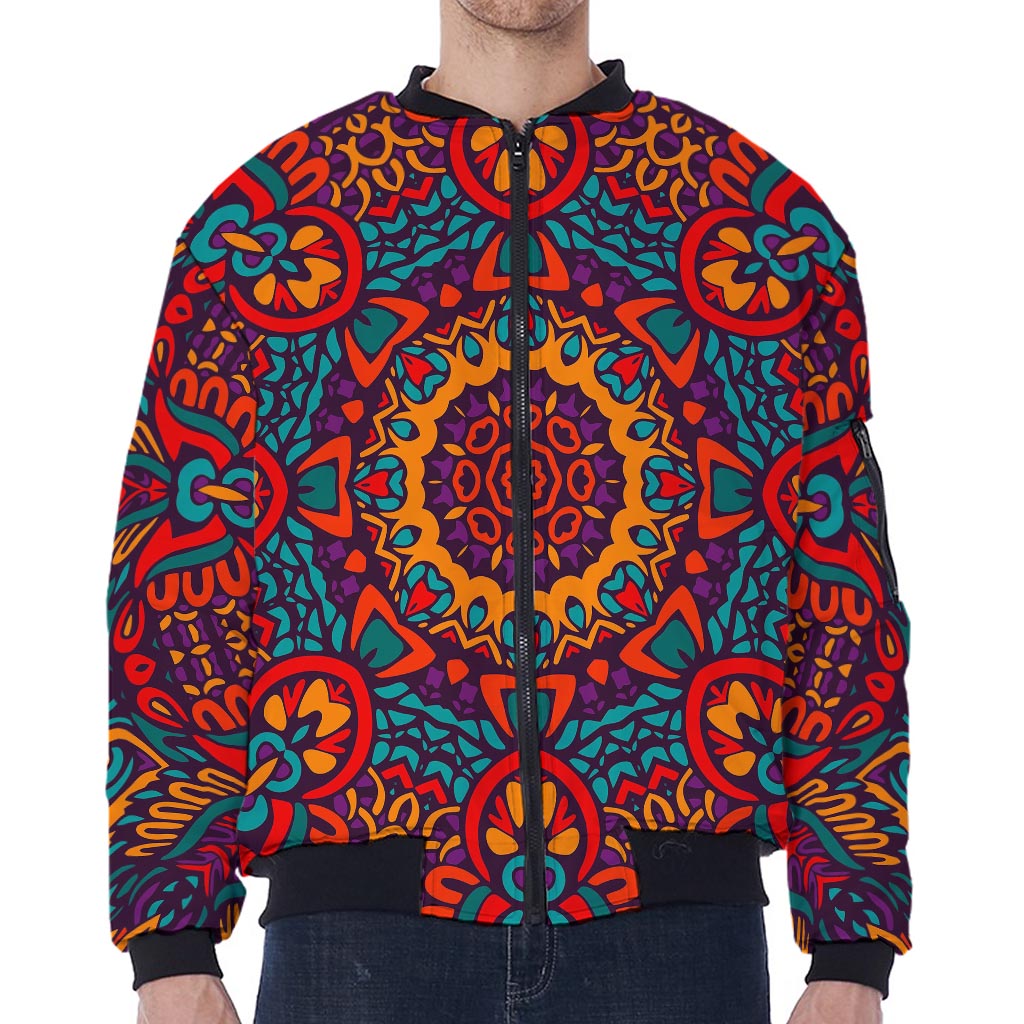 Bohemian Native Mandala Pattern Print Zip Sleeve Bomber Jacket