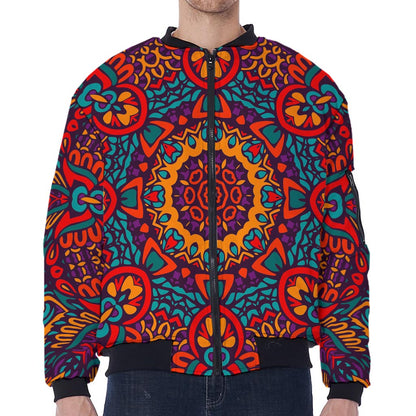 Bohemian Native Mandala Pattern Print Zip Sleeve Bomber Jacket