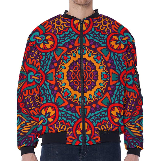 Bohemian Native Mandala Pattern Print Zip Sleeve Bomber Jacket
