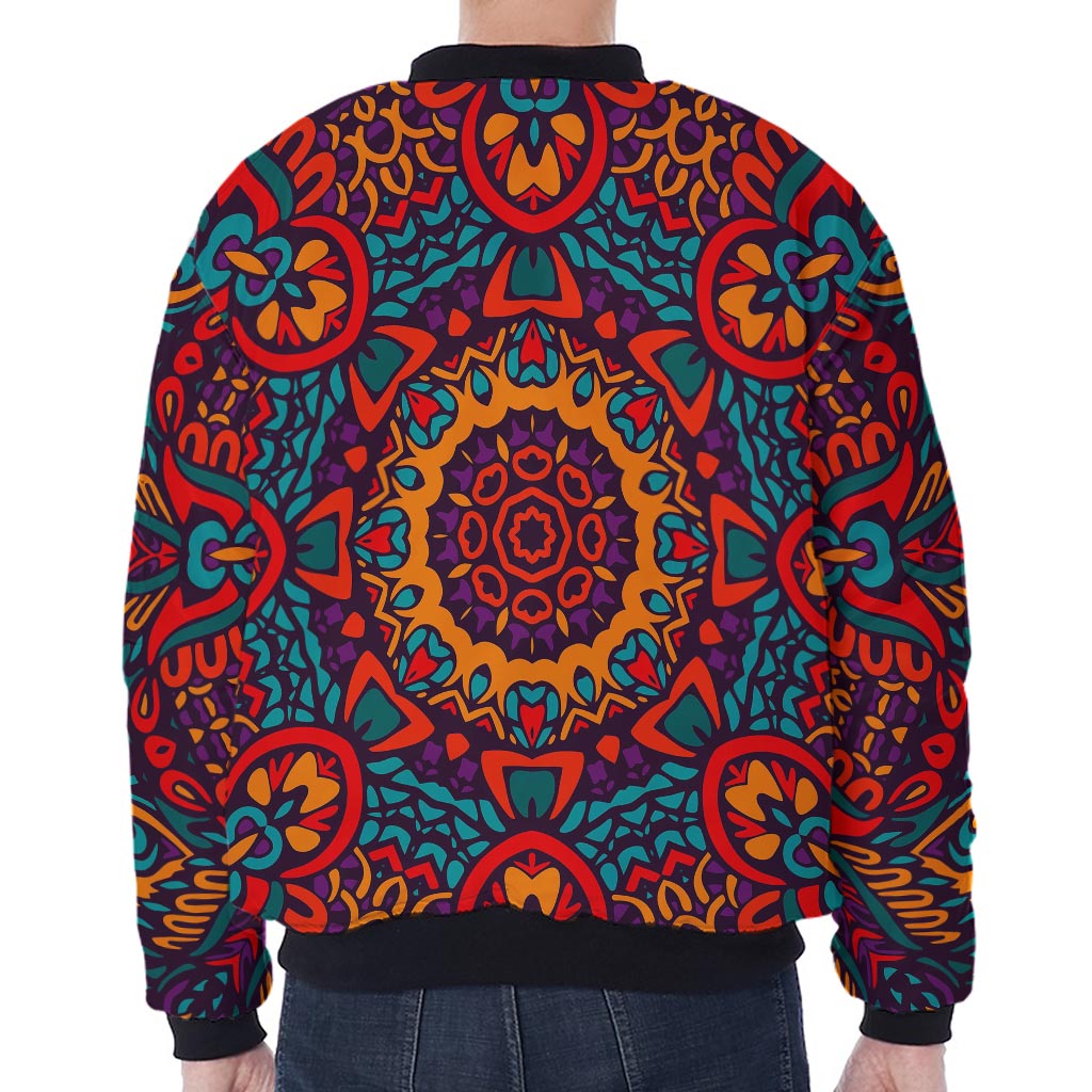 Bohemian Native Mandala Pattern Print Zip Sleeve Bomber Jacket