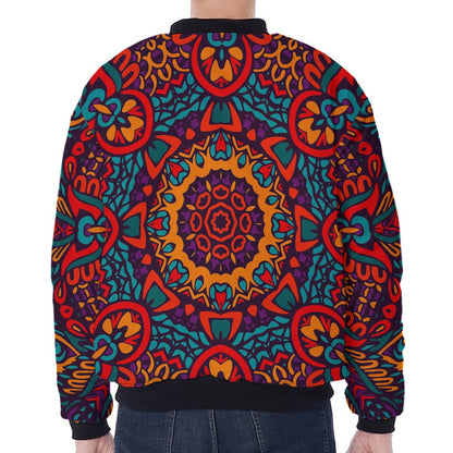 Bohemian Native Mandala Pattern Print Zip Sleeve Bomber Jacket