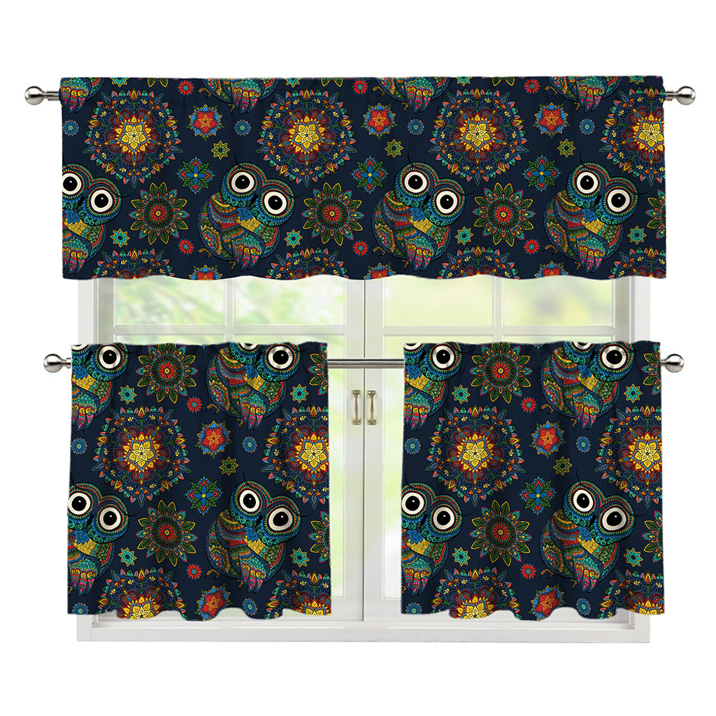 Bohemian Owl Pattern Print 3 Piece Kitchen Curtains