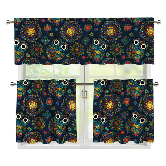 Bohemian Owl Pattern Print 3 Piece Kitchen Curtains