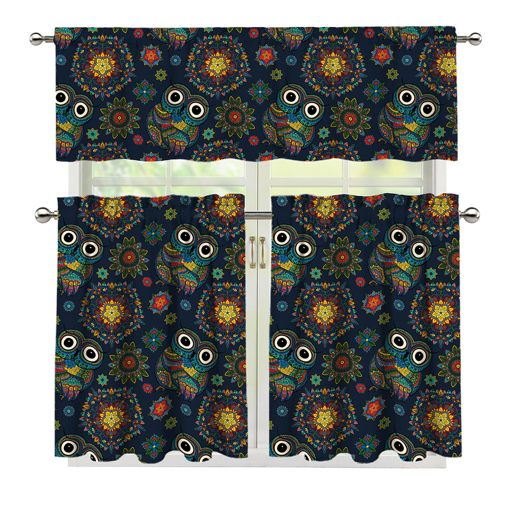 Bohemian Owl Pattern Print 3 Piece Kitchen Curtains