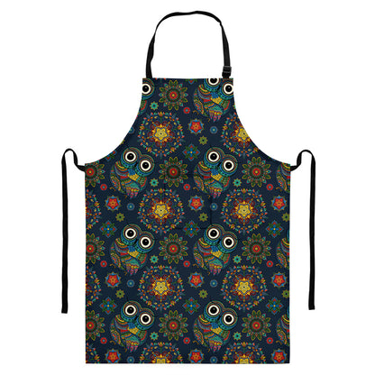 Bohemian Owl Pattern Print Bib Apron With Pocket
