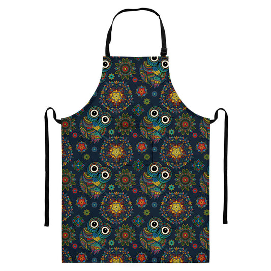 Bohemian Owl Pattern Print Bib Apron With Pocket