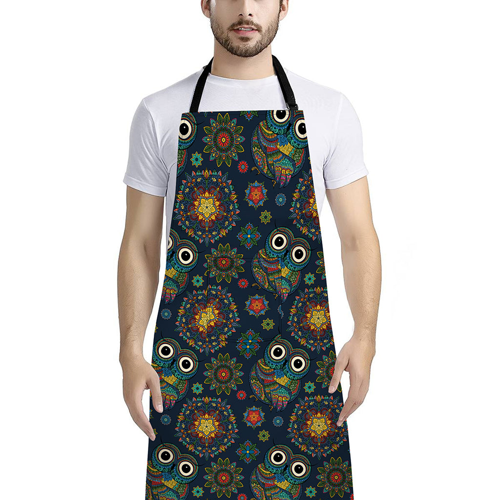 Bohemian Owl Pattern Print Bib Apron With Pocket