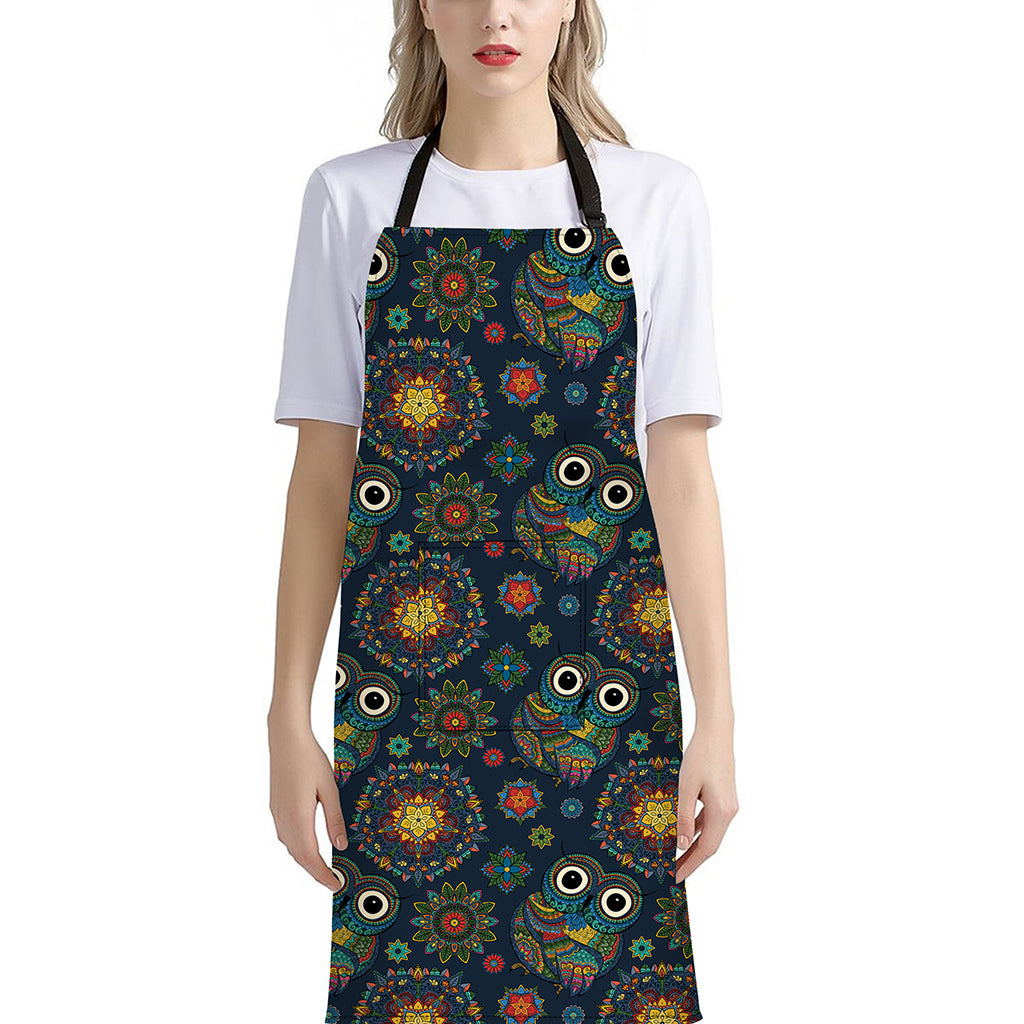 Bohemian Owl Pattern Print Bib Apron With Pocket