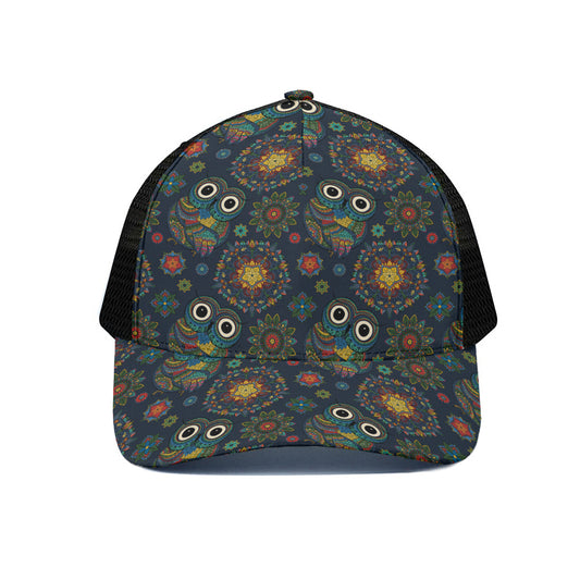 Bohemian Owl Pattern Print Black Mesh Trucker Cap