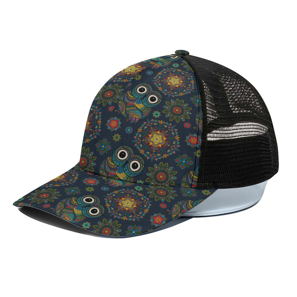 Bohemian Owl Pattern Print Black Mesh Trucker Cap