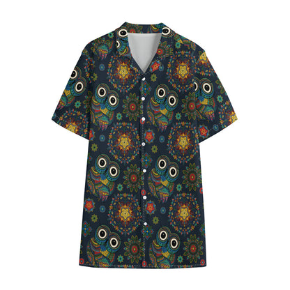 Bohemian Owl Pattern Print Cotton Hawaiian Shirt