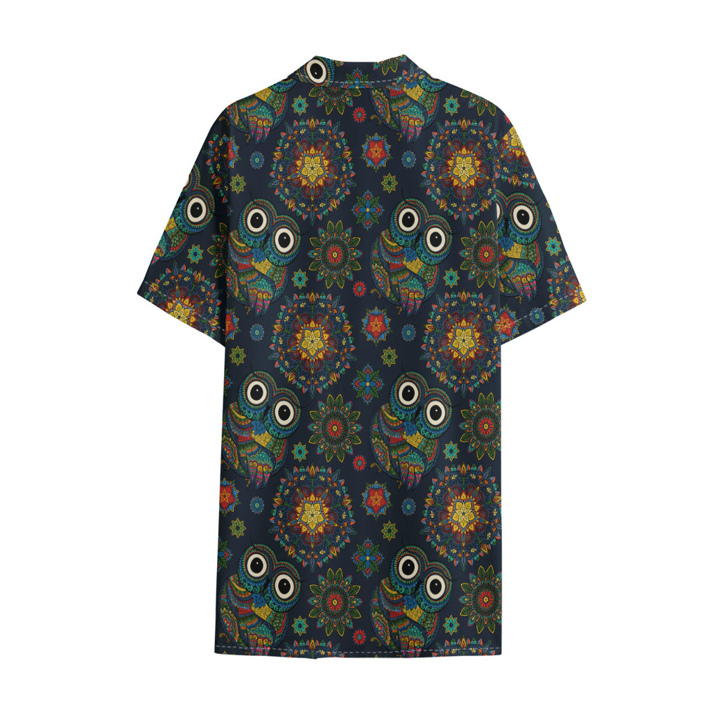Bohemian Owl Pattern Print Cotton Hawaiian Shirt