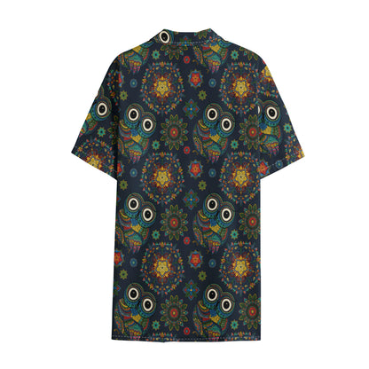 Bohemian Owl Pattern Print Cotton Hawaiian Shirt