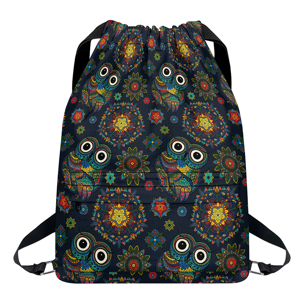 Bohemian Owl Pattern Print Drawstring Backpack