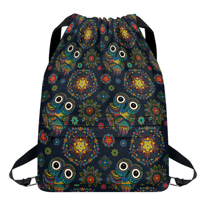 Bohemian Owl Pattern Print Drawstring Backpack