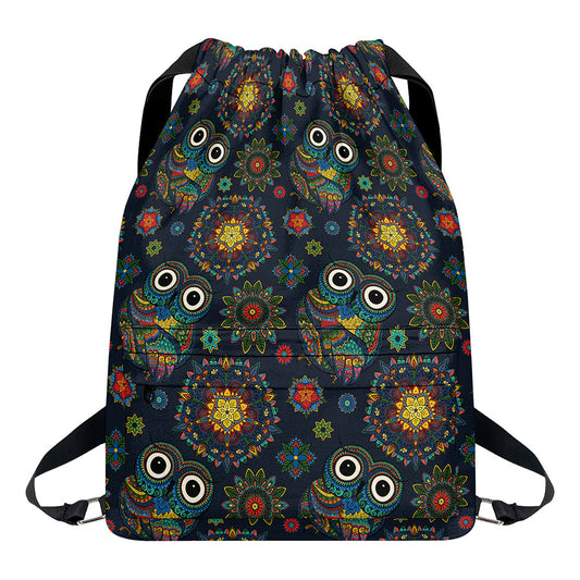 Bohemian Owl Pattern Print Drawstring Backpack