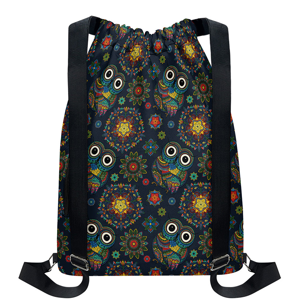 Bohemian Owl Pattern Print Drawstring Backpack