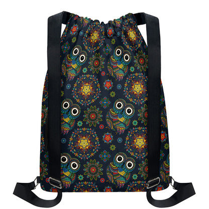 Bohemian Owl Pattern Print Drawstring Backpack