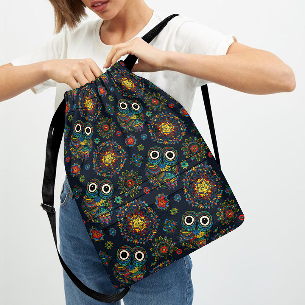 Bohemian Owl Pattern Print Drawstring Backpack