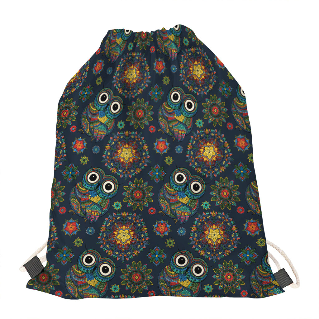 Bohemian Owl Pattern Print Drawstring Bag