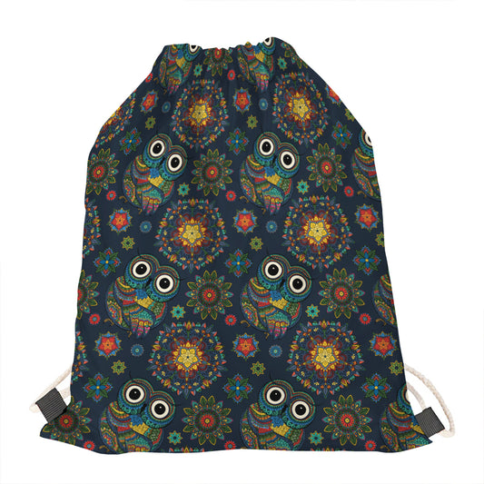Bohemian Owl Pattern Print Drawstring Bag