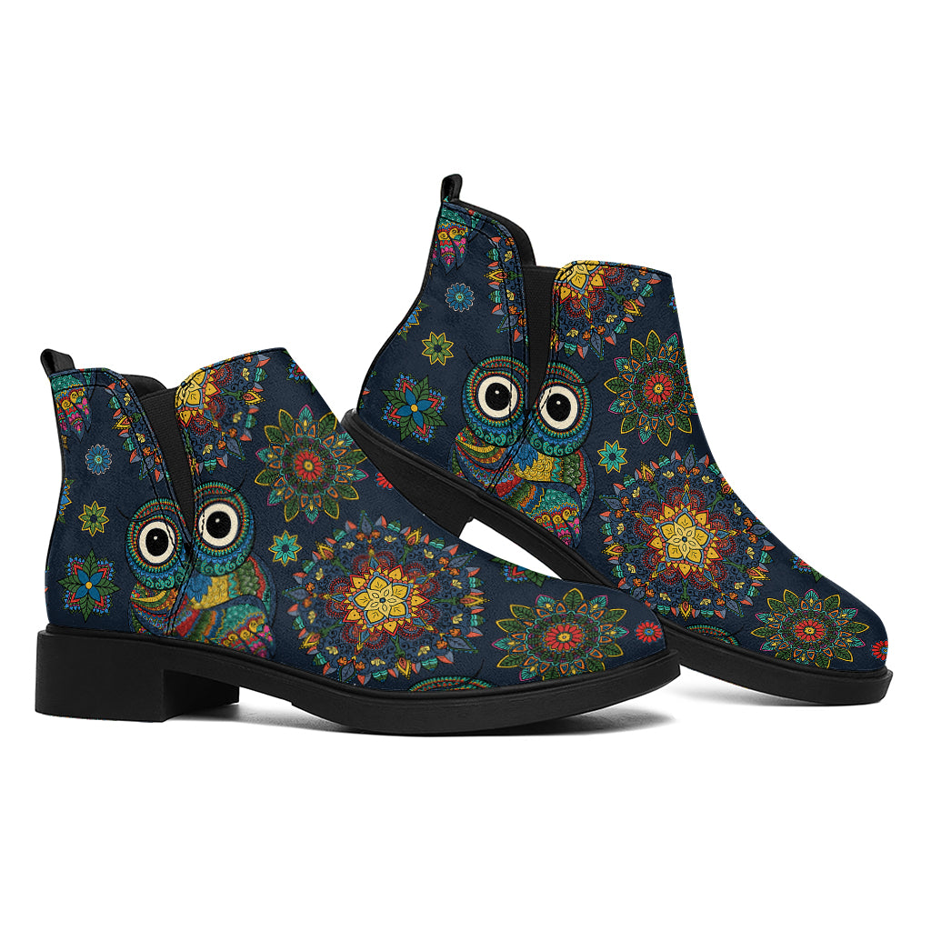Bohemian Owl Pattern Print Flat Ankle Boots