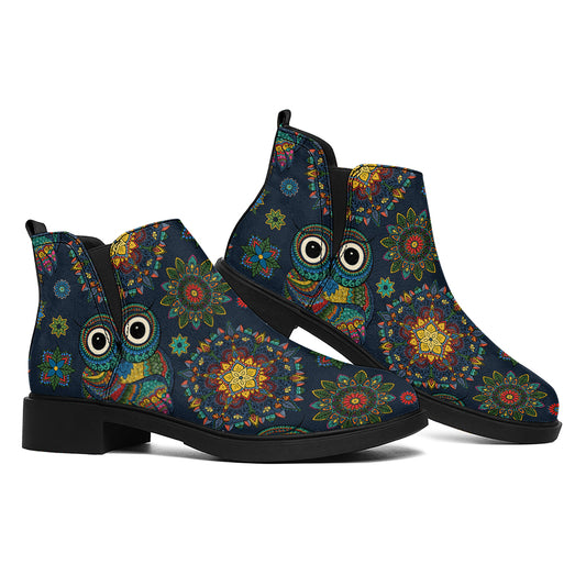 Bohemian Owl Pattern Print Flat Ankle Boots