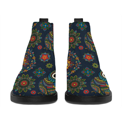 Bohemian Owl Pattern Print Flat Ankle Boots