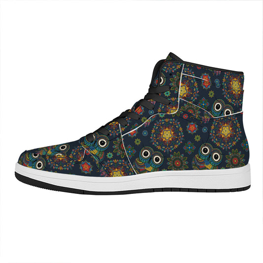 Bohemian Owl Pattern Print High Top Leather Sneakers