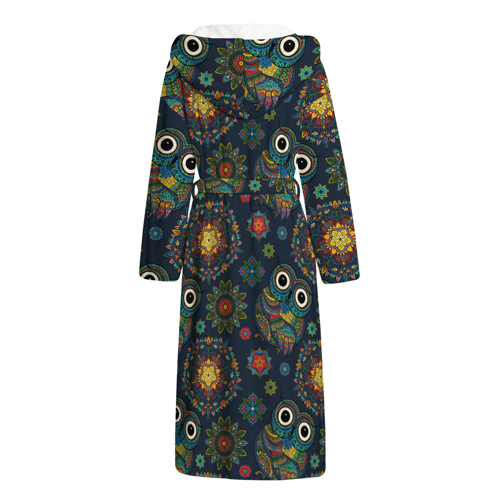 Bohemian Owl Pattern Print Hooded Bathrobe