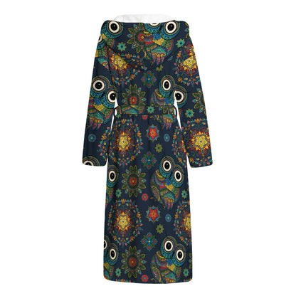 Bohemian Owl Pattern Print Hooded Bathrobe