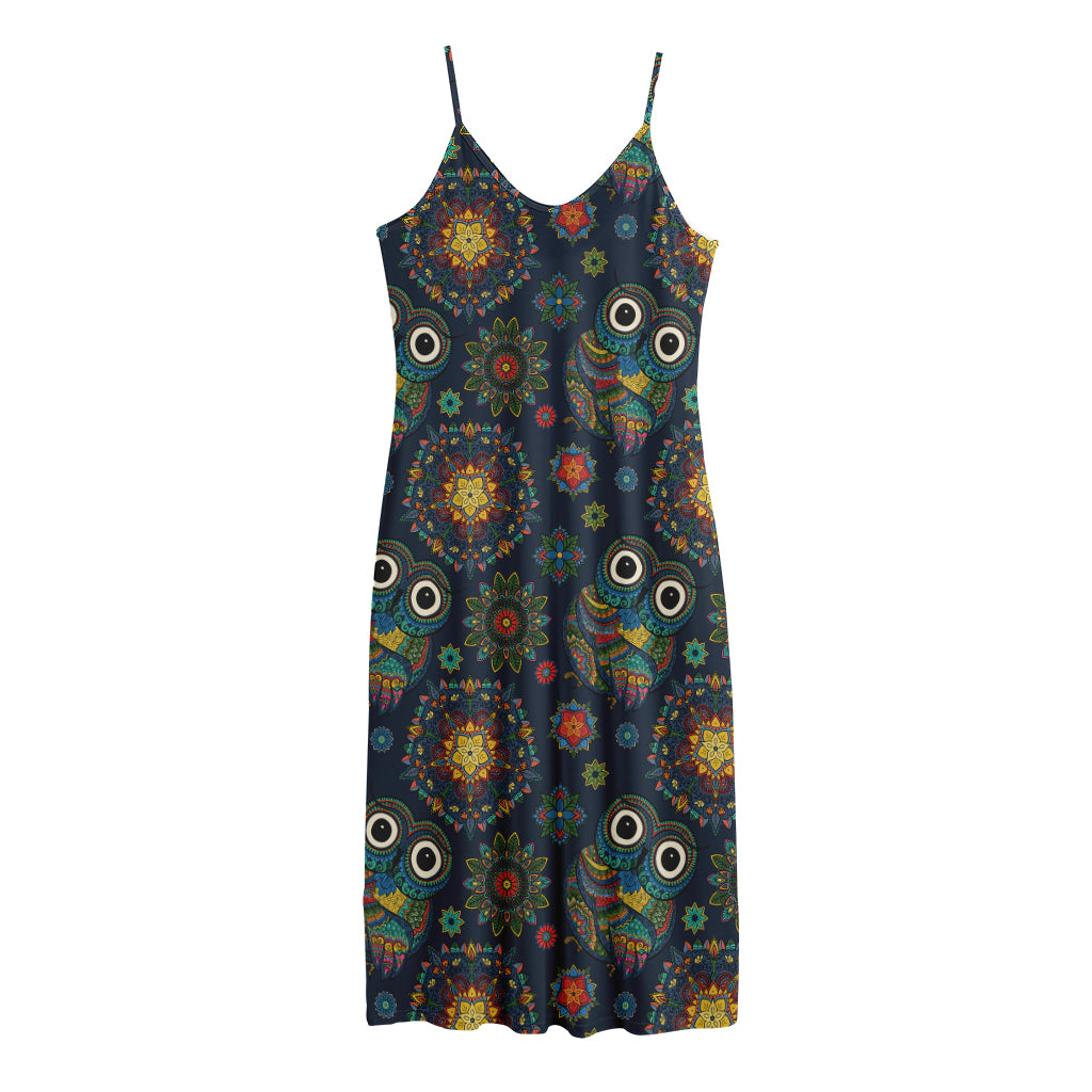 Bohemian Owl Pattern Print Jersey Midi Cami Dress