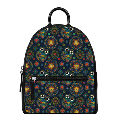 Bohemian Owl Pattern Print Leather Backpack
