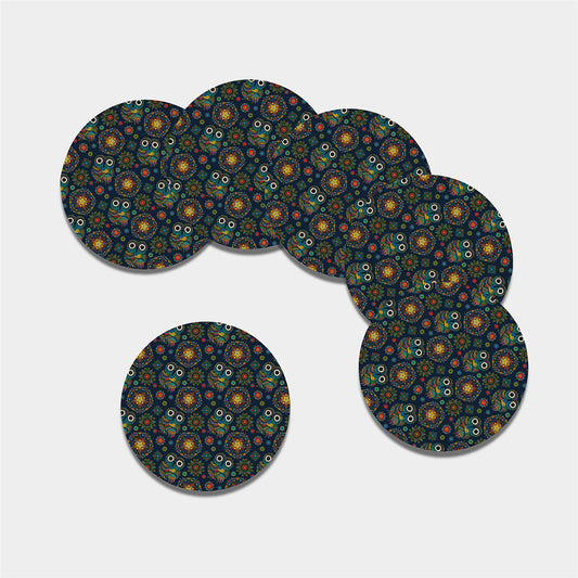 Bohemian Owl Pattern Print Leather Coaster Set