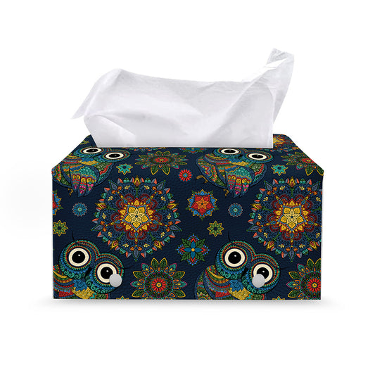 Bohemian Owl Pattern Print Leather Tissue Box Cover