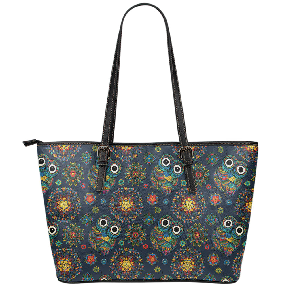 Bohemian Owl Pattern Print Leather Tote Bag